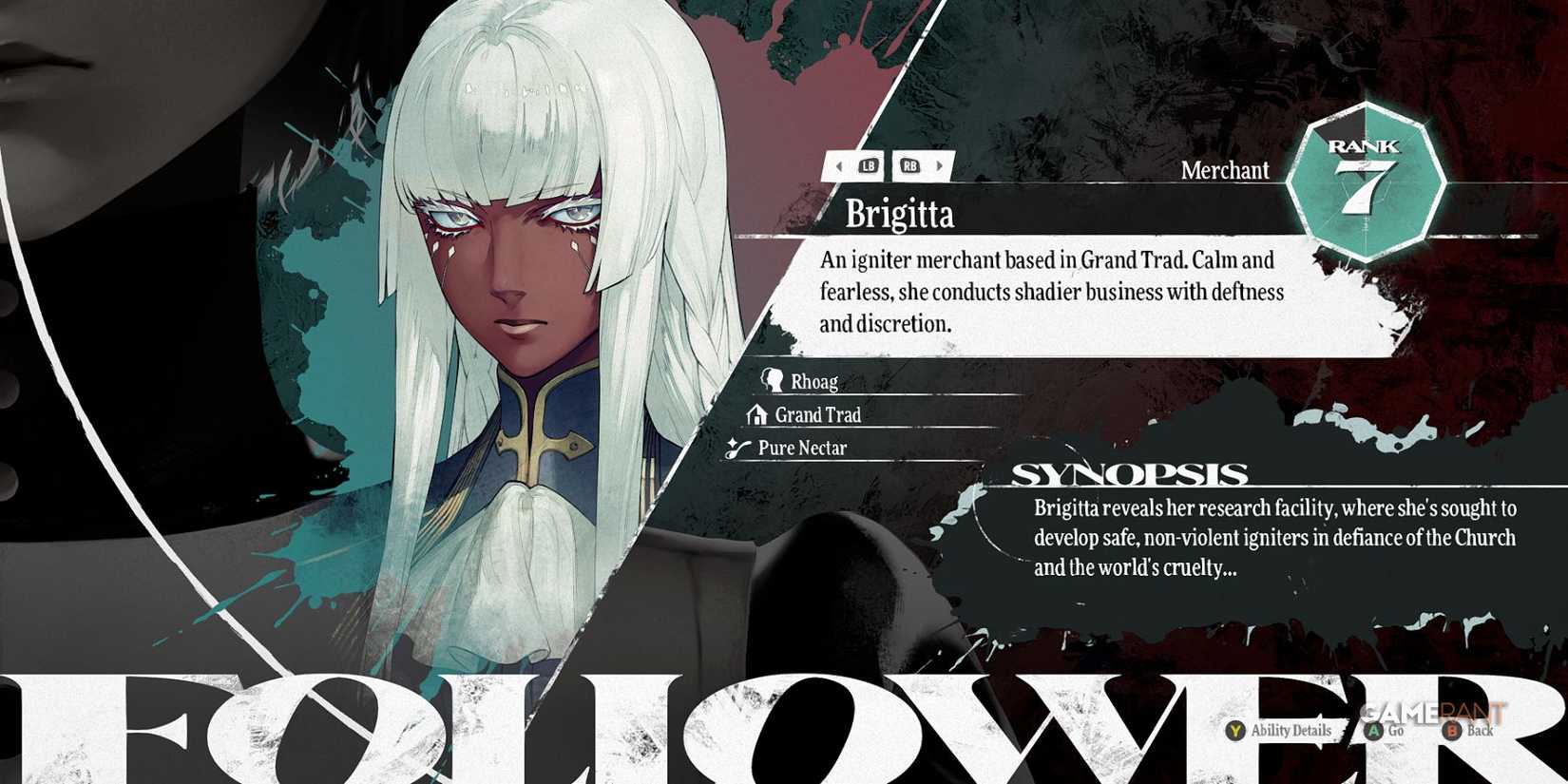 Brigitta in Metaphor ReFantazio, a fearless merchant researching safe igniters in Grand Trad