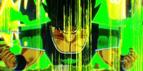 Broly charges up with green energy, unleashing his power in Dragon Ball Sparking! Zero