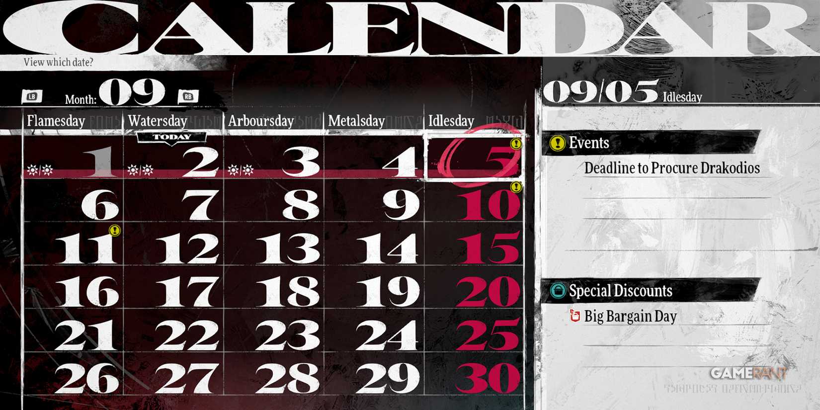 Calendar displaying events and deadlines in metaphor refantazio, September month