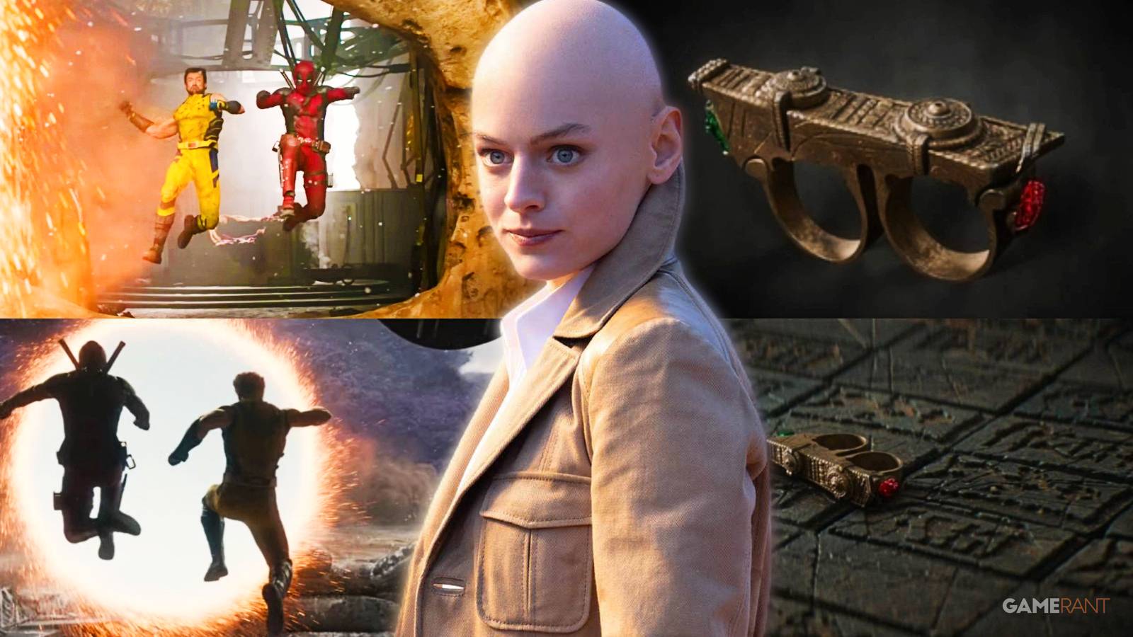 emma corrin as cassandra nova in deadpool and wolverine, sling ring with time stone and reality stone, hugh jackman and ryan reynolds as logan and wade wilson