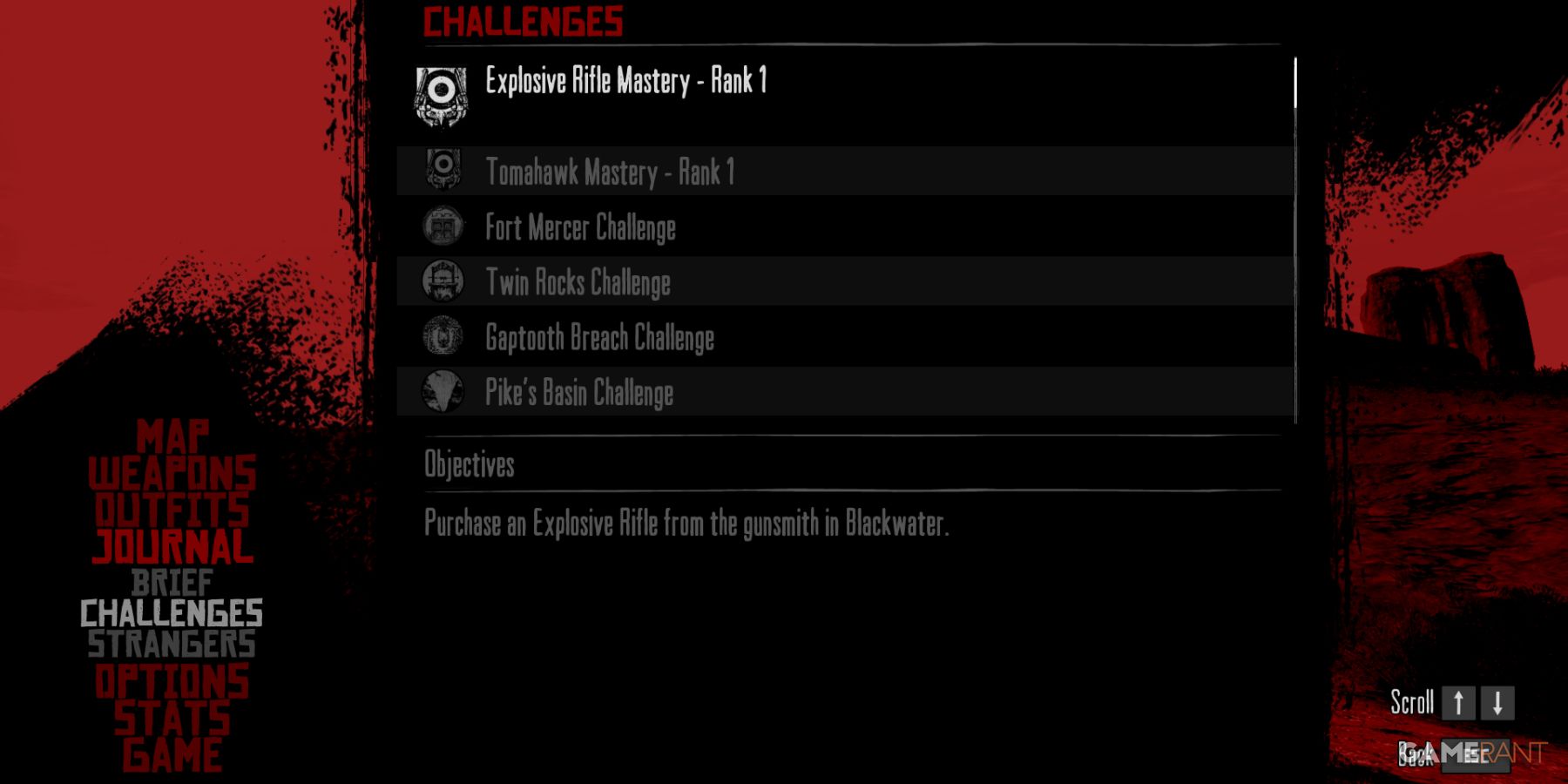Challenges menu showing 'Explosive Rifle Mastery - Rank 1' challenge in Red Dead Redemption