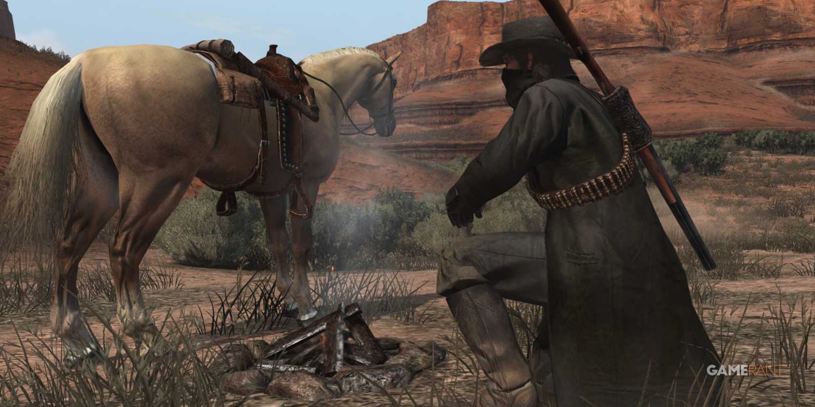Character camping beside a horse in the desert landscape of Red Dead Redemption