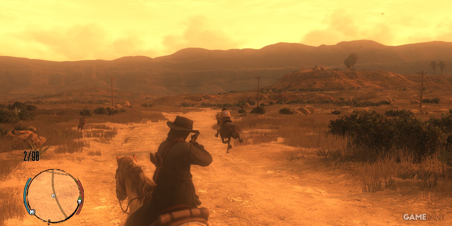 Character chasing a target on horseback during a Dead Eye in Red Dead Redemption.