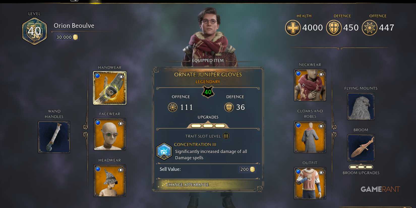 Character gear and stats for a Harry Potter build, focusing on offensive capabilities in Hogwarts Legac