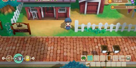 Character outside a building on a brick street, exploring a peaceful village in Story of Seasons