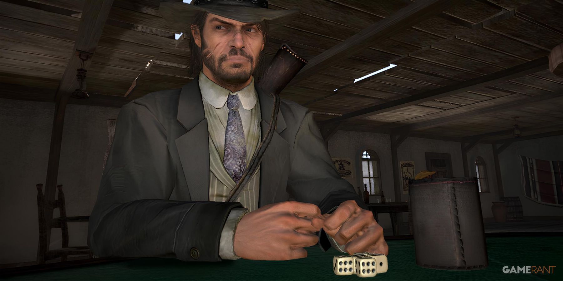 Character playing Liar's Dice in a saloon with intense expression in Red Dead Redemption