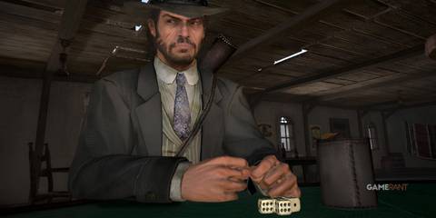 Character playing Liar's Dice in a saloon with intense expression in Red Dead Redemption