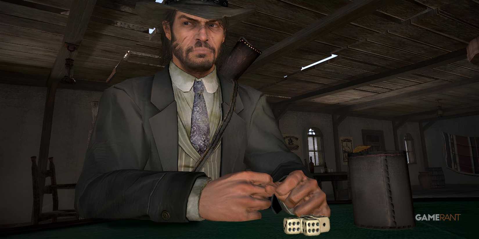 Character playing Liar's Dice in a saloon with intense expression in Red Dead Redemption