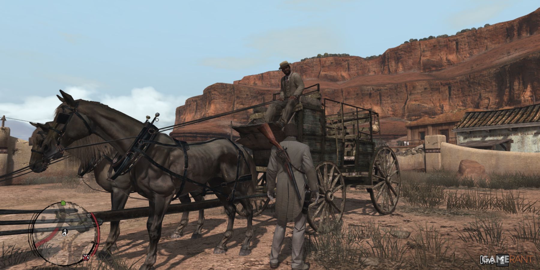 Character standing near a horse-drawn wagon in a desert town in Red Dead Redemption