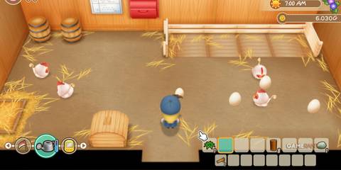 Chickens in a cozy barn, with a character collecting eggs for farming life in Story of Seasons