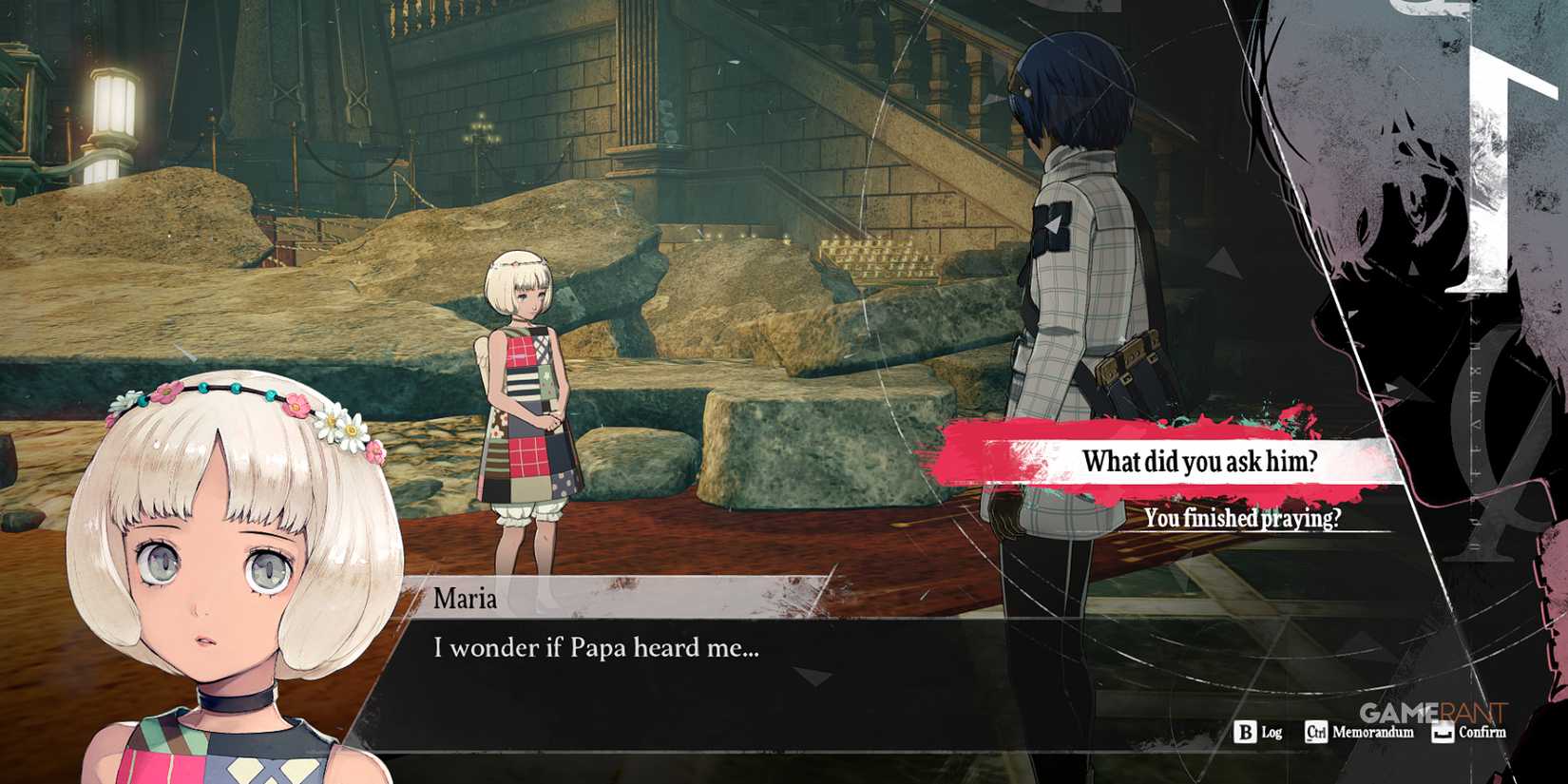 Conversation with Maria, offering dialogue choices in metaphor refantazio