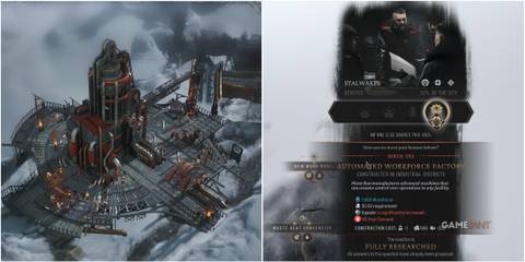 Featured image for Frostpunk 2, showcasing the Industrial District and the Automated Workforce Factory research idea.