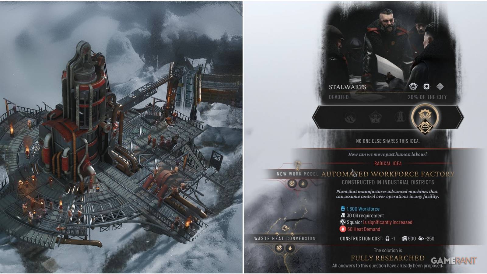 Featured image for Frostpunk 2, showcasing the Industrial District and the Automated Workforce Factory research idea.