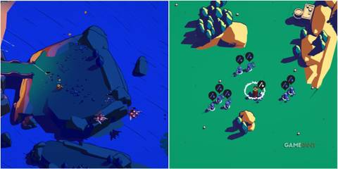 Gameplay screenshots showcasing commanding troops and a battle from Thronefall.