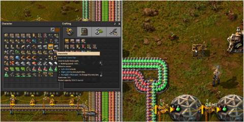 Featured image for Factorio showcasing the inventory and the character destroying a wooden box.