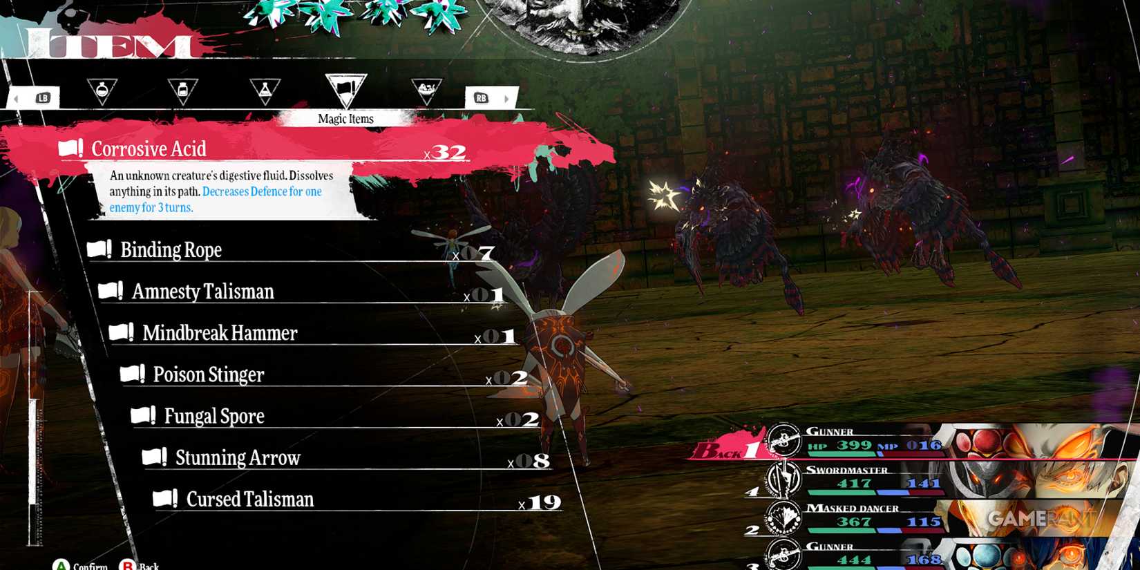 Corrosive Acid item lowers enemy defense for 3 turns in Metaphor ReFantazio battle