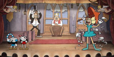 two CupHeads fighting a lady dressed in blue holding a red umbrella in CupHead