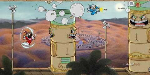 a CupHead flying in an helicopter while shooting at the obstacles. 