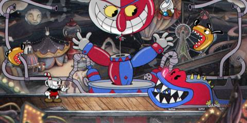 CupHead shooting with his finger at the red and blue obstacles. 