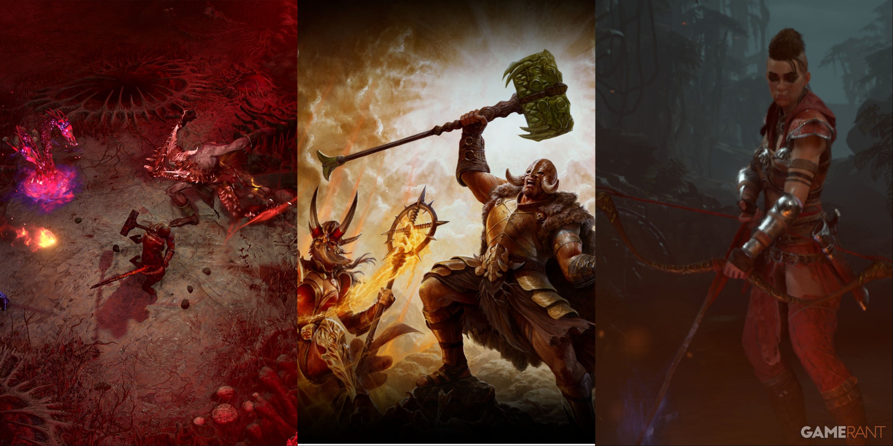 Diablo 4 Infernal Horde characters with various weapons split image