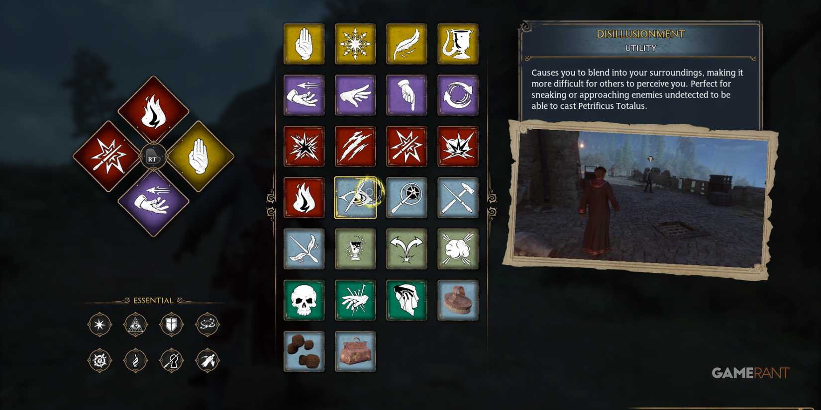 Disillusionment spell screen in a Harry Potter build, stealth ability in Hogwarts Legacy