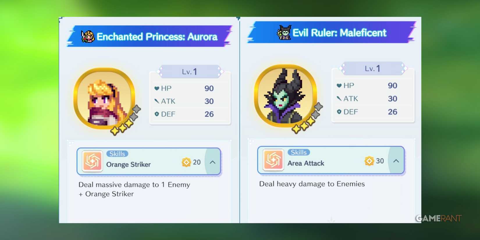 aurora and maleficent stats in disney pixel rpg.