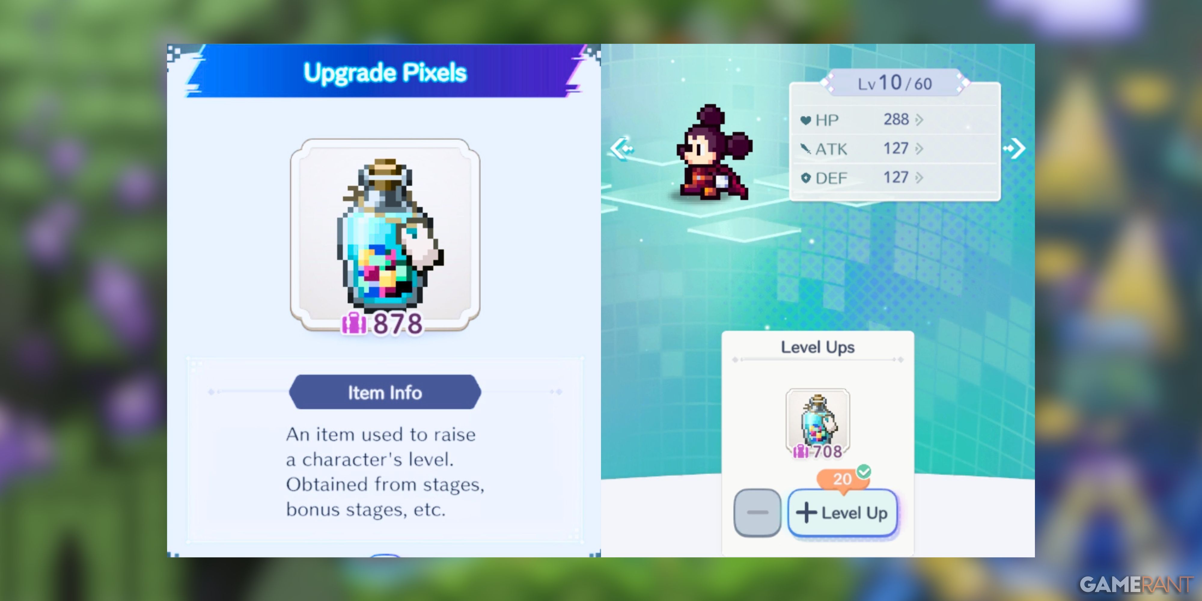 the character upgrade page in disney pixel rpg.