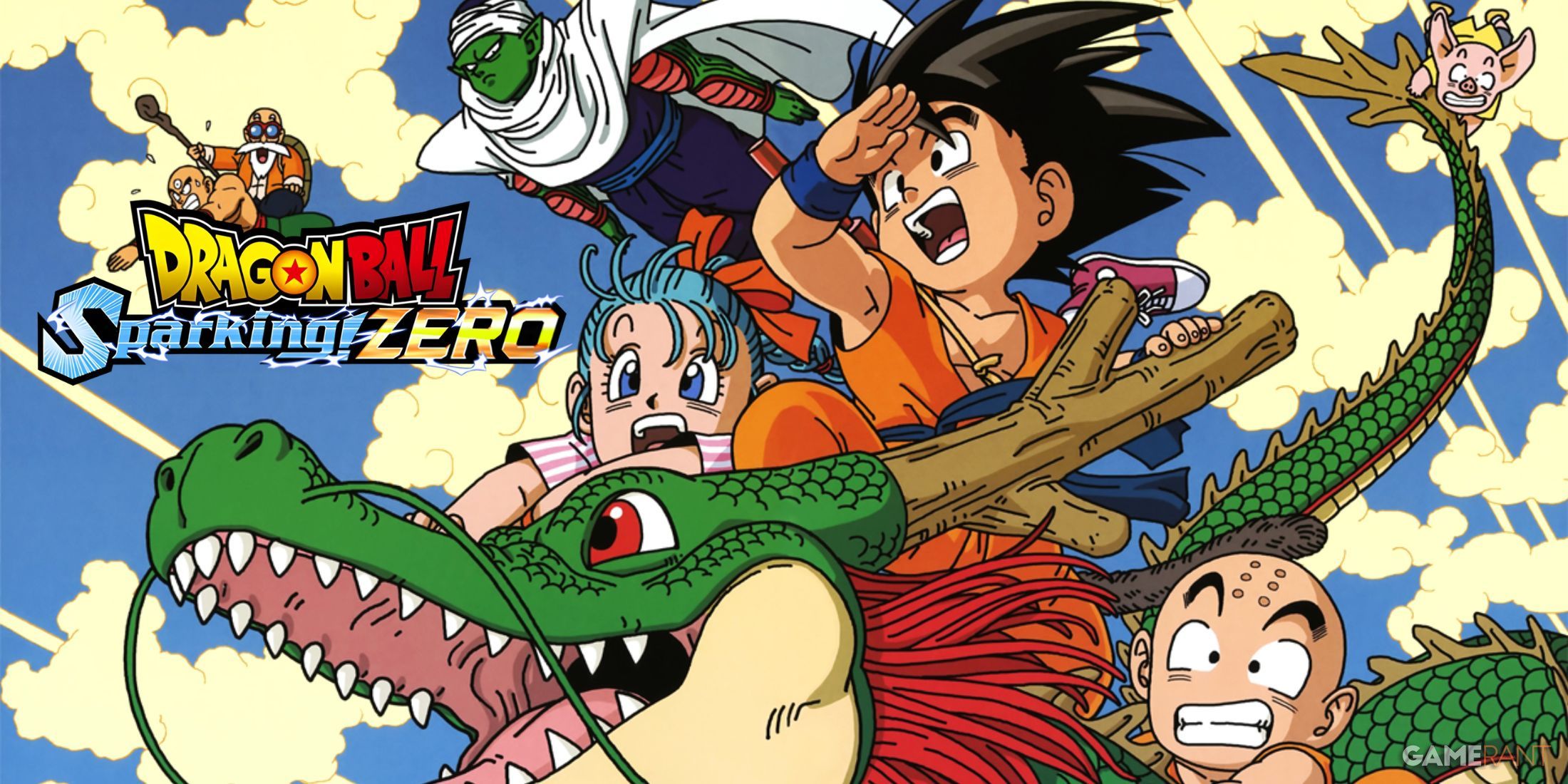 Official art depicting the original Dragon Ball manga. Characters included are left to right: Tien, Roshi, Piccolo, Bulma, Goku, Krillin, Oolong. They are riding Shenron, and the Dragon Ball: Sparking Zero logo is juxtaposed with the art.