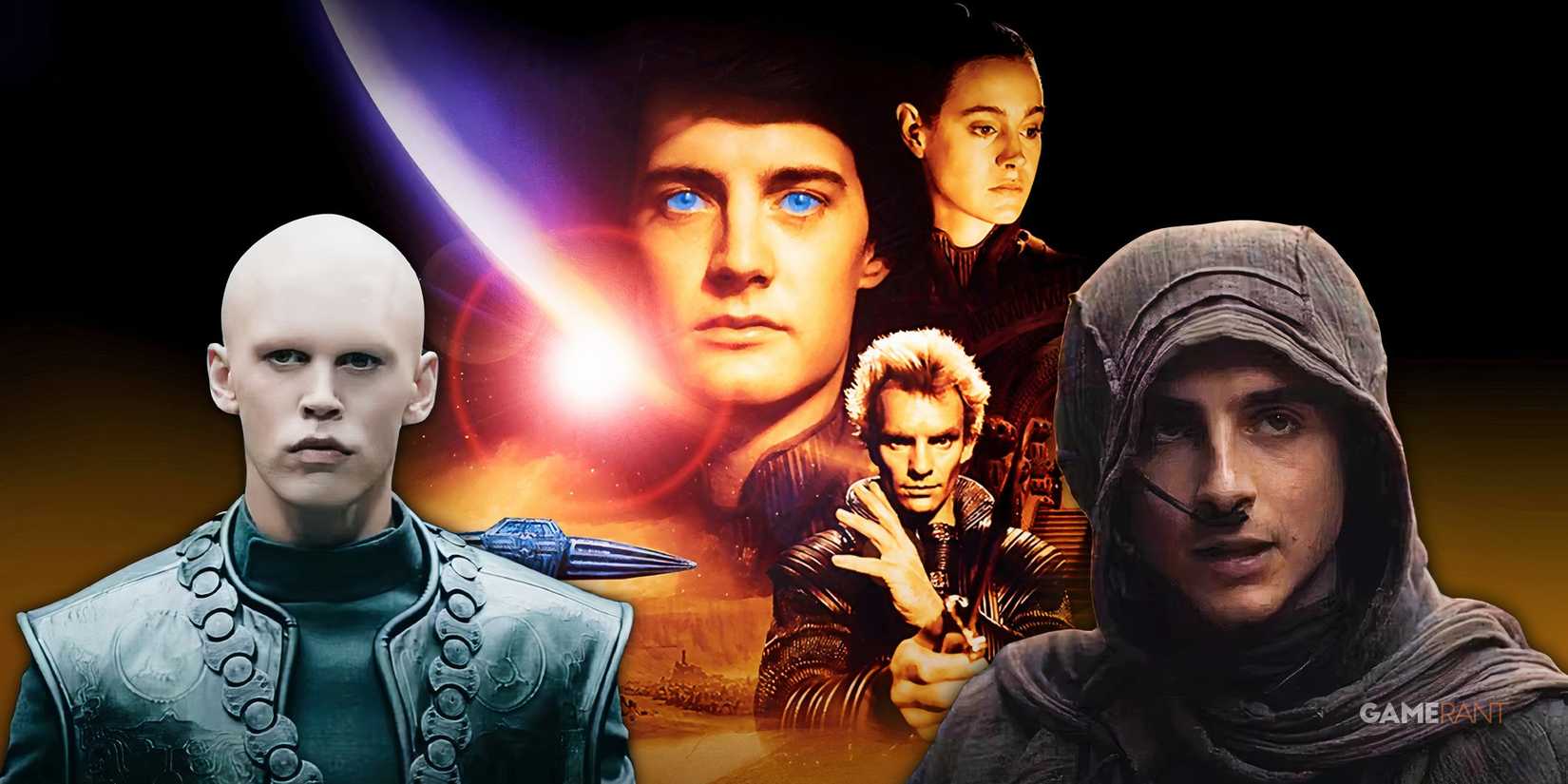 david lynch dune 1984 poster, timothee chalamet and austin butler in dune part one and part two, kyle maclachlan, sean young, sting