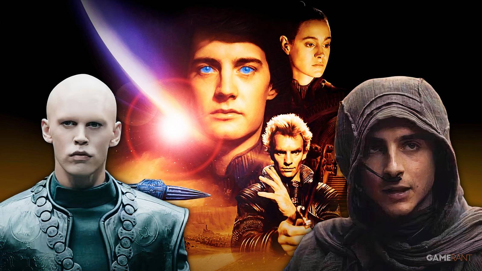 david lynch dune 1984 poster, timothee chalamet and austin butler in dune part one and part two, kyle maclachlan, sean young, sting