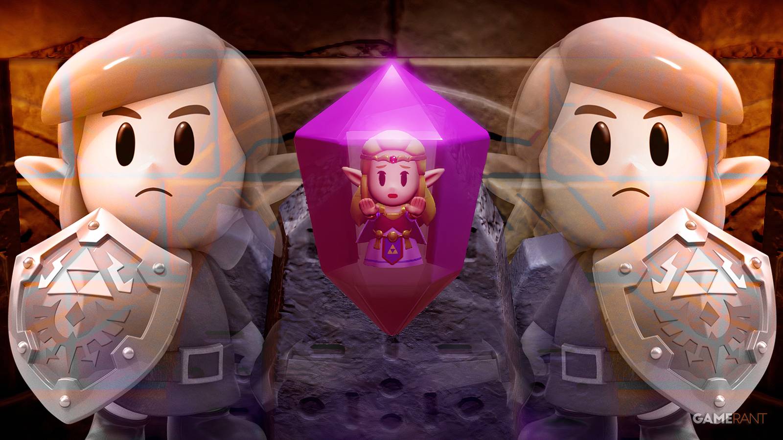 Echoes of Wisdom Zelda trapped in a crystal with Link's around her
