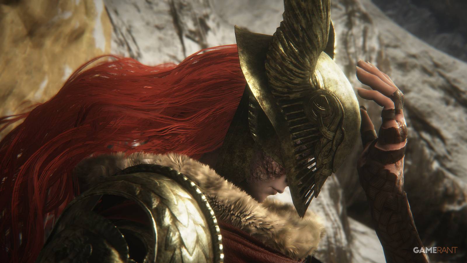 Elden Ring Malenia Blade of Miquella putting on helmet before boss fight