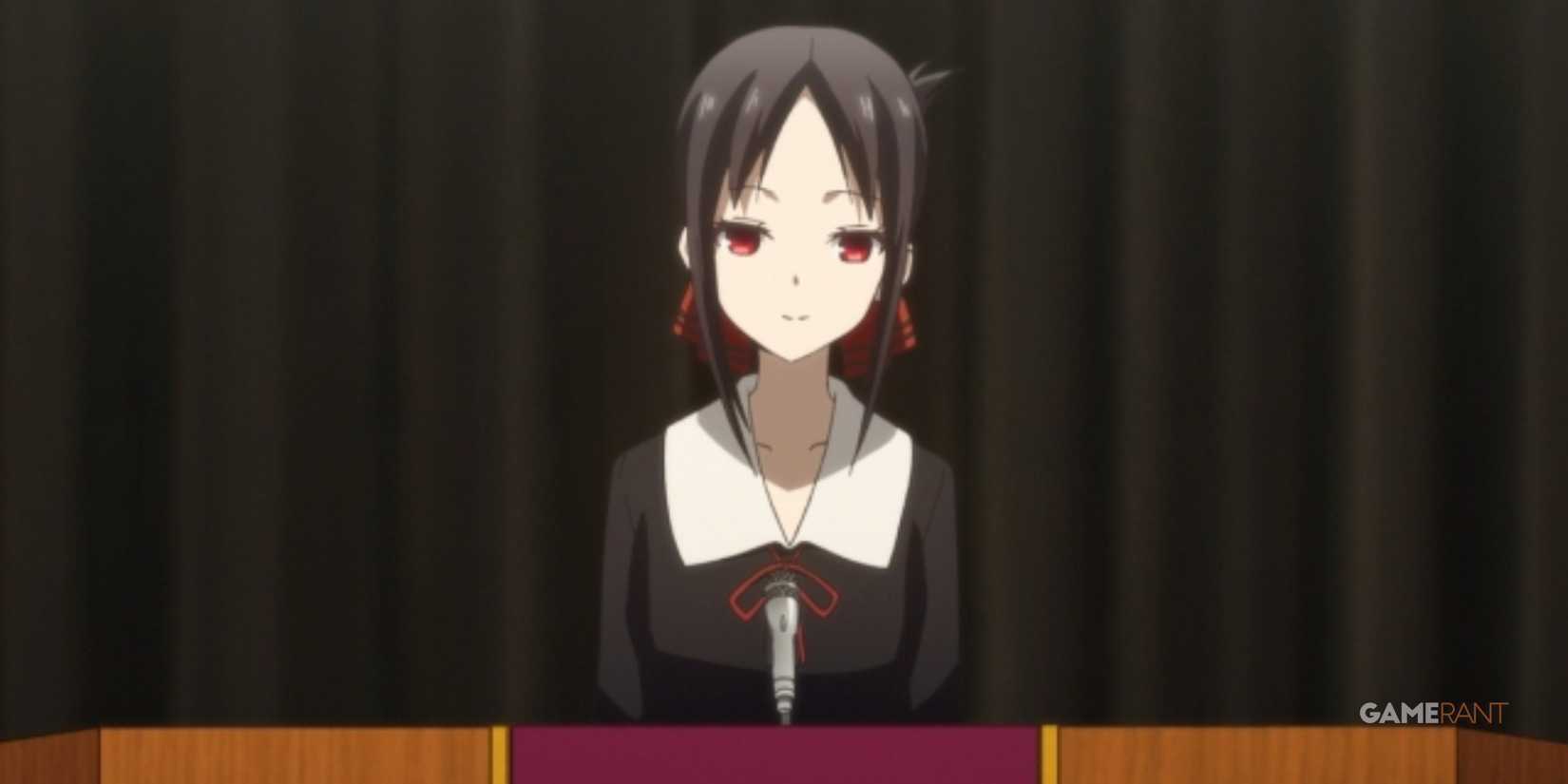a female anime character standing up in a student council dressing all black. 