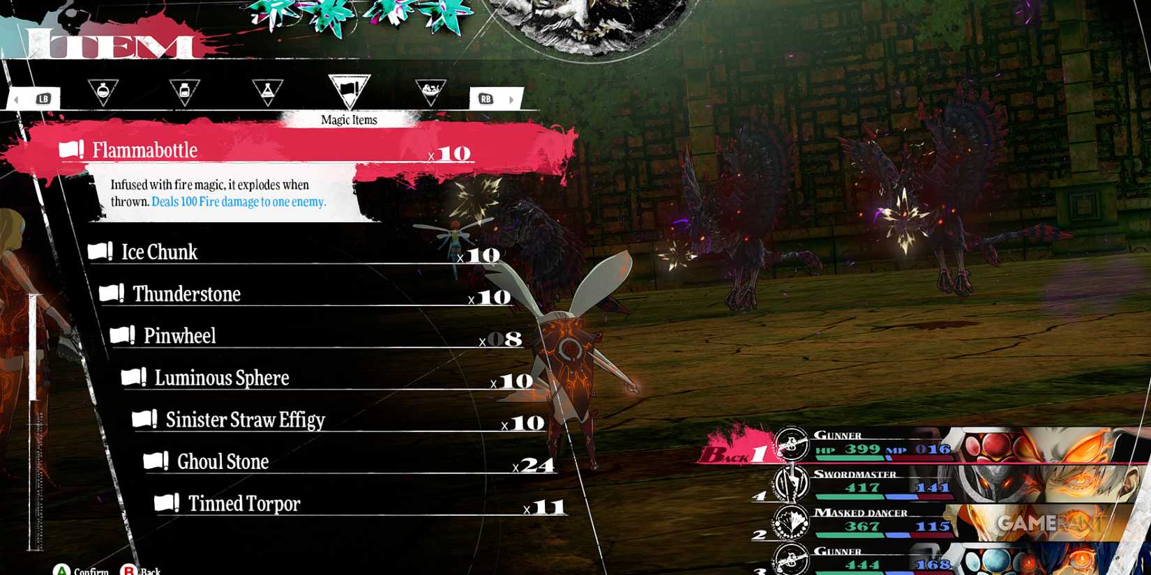 Flammabottle deals 100 fire damage to one enemy in Metaphor ReFantazio