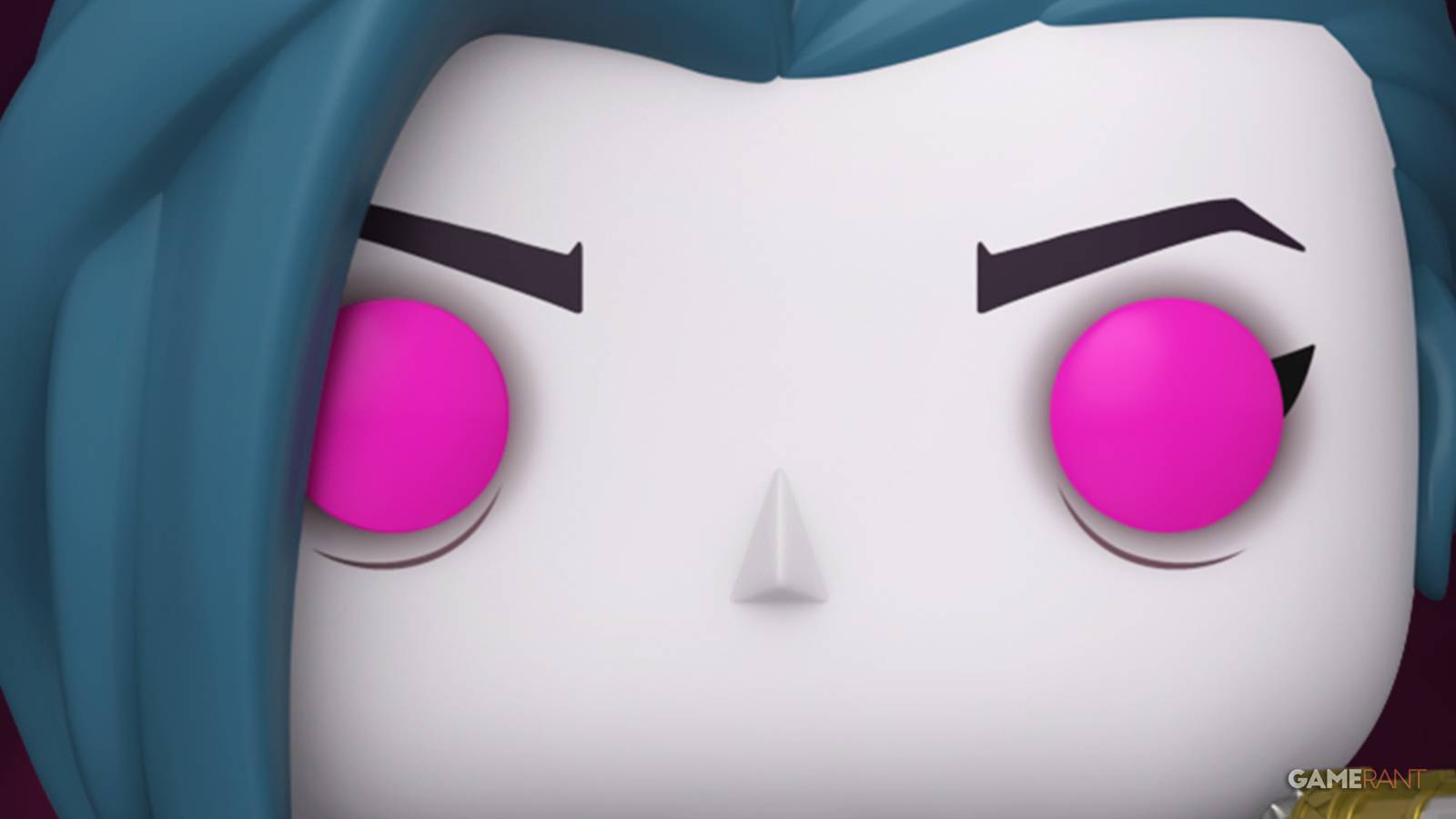 Funko Pop Jinx 1602 close-up on purple background 2x1 composite