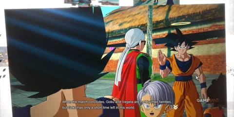 Goku waves goodbye to his family after a heated match in Dragon Ball Sparking Zero What If storyline