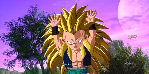 Gotenks prepares his Die Die Missile Barrage attack in Dragon Ball Sparking! Zero