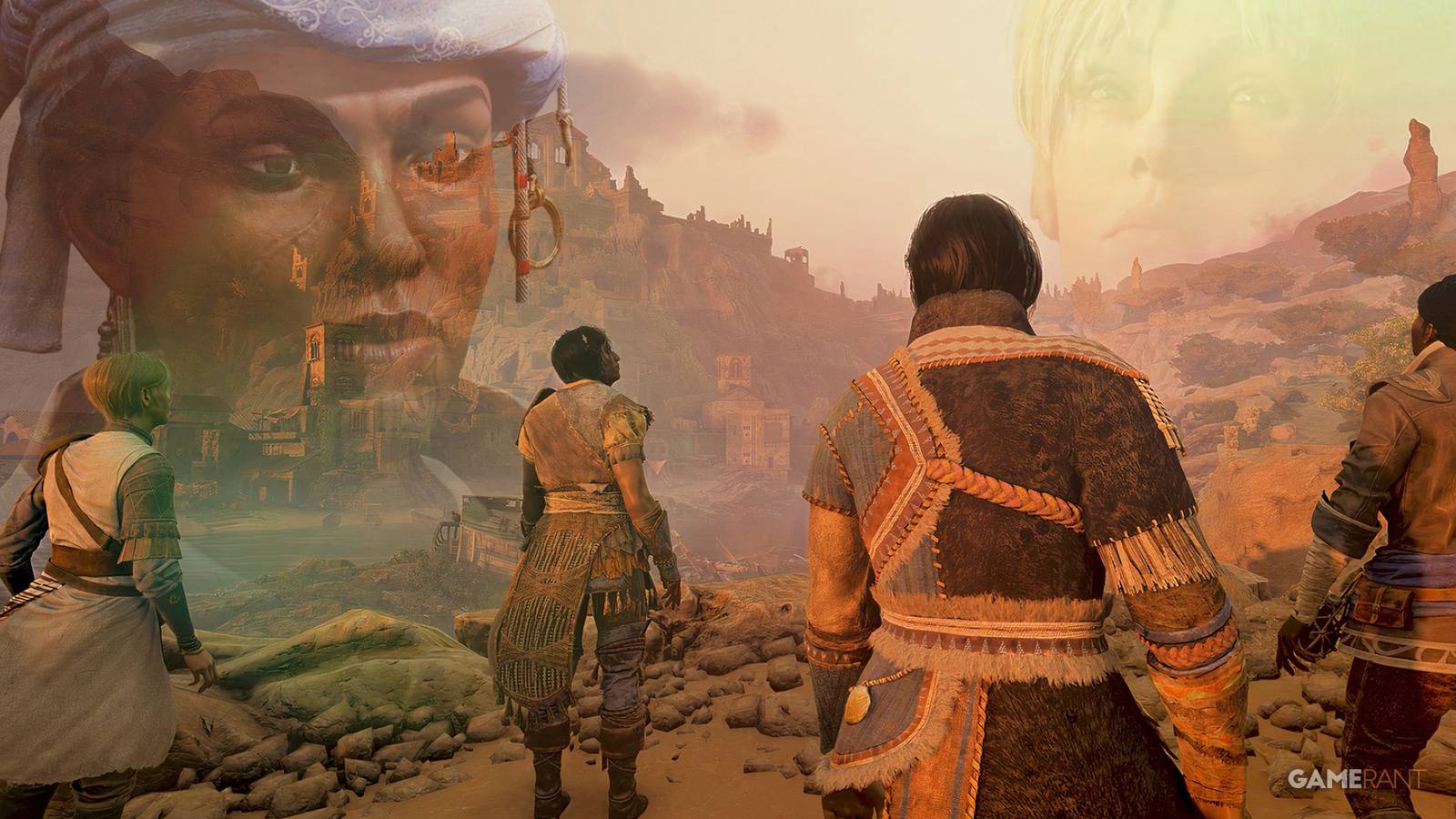 GreedFall 2 party with companions faces in the background