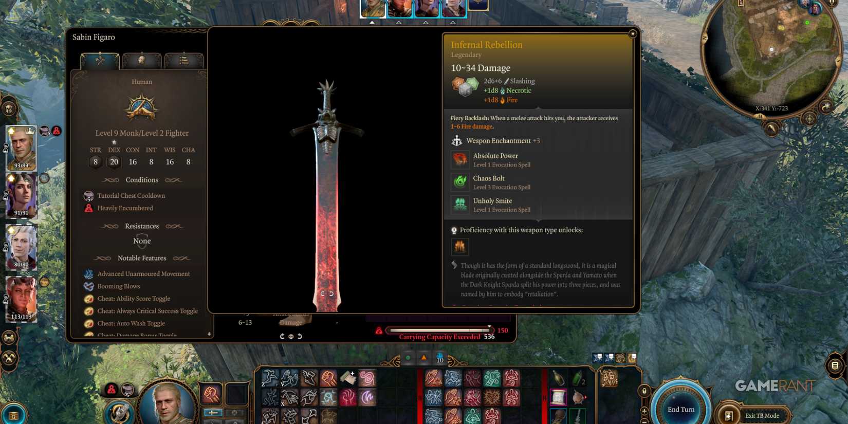 Infernal Rebellion sword dealing necrotic and fire damage in Baldur's Gate 3 Dante Rebellion Sword mod