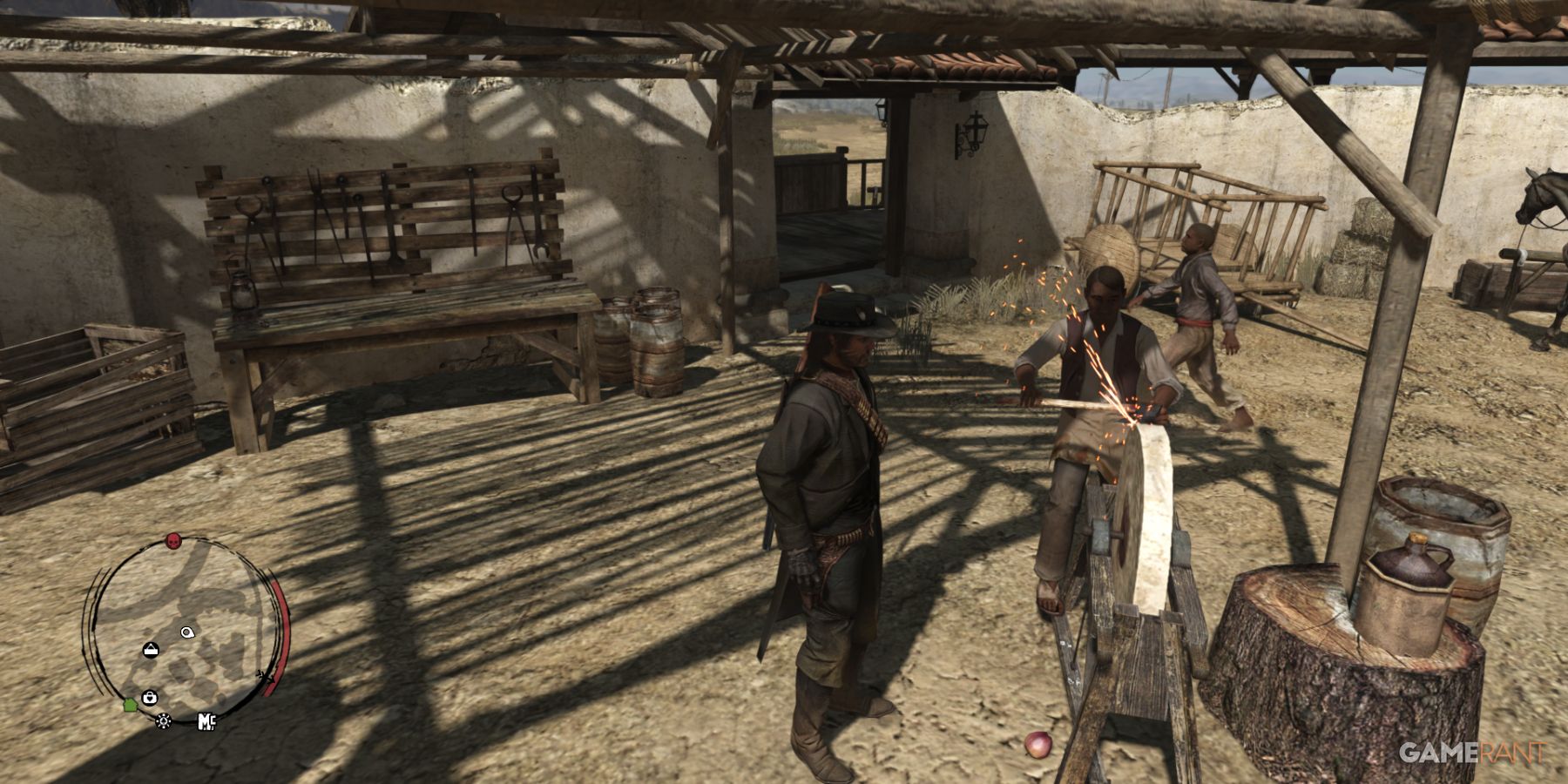 John Marston observing a blacksmith working on a blade inside a shaded structure in Red Dead Redemption