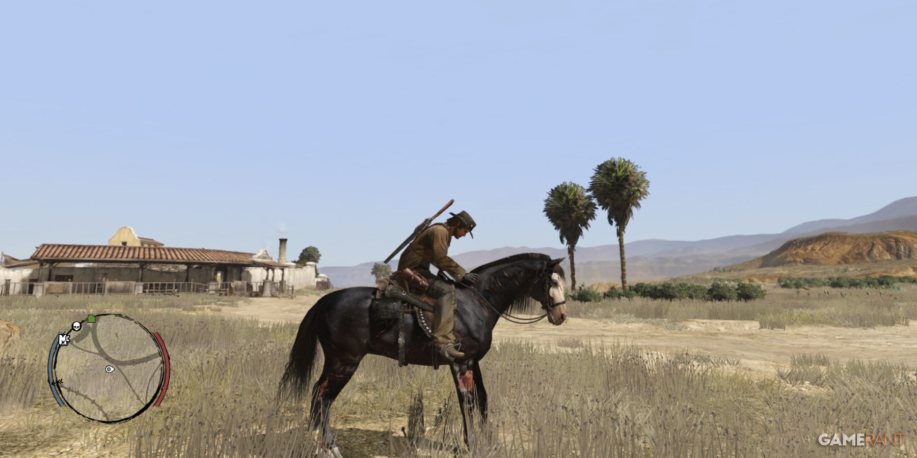 John Marston resting on his black horse in the open plains of Red Dead Redemption