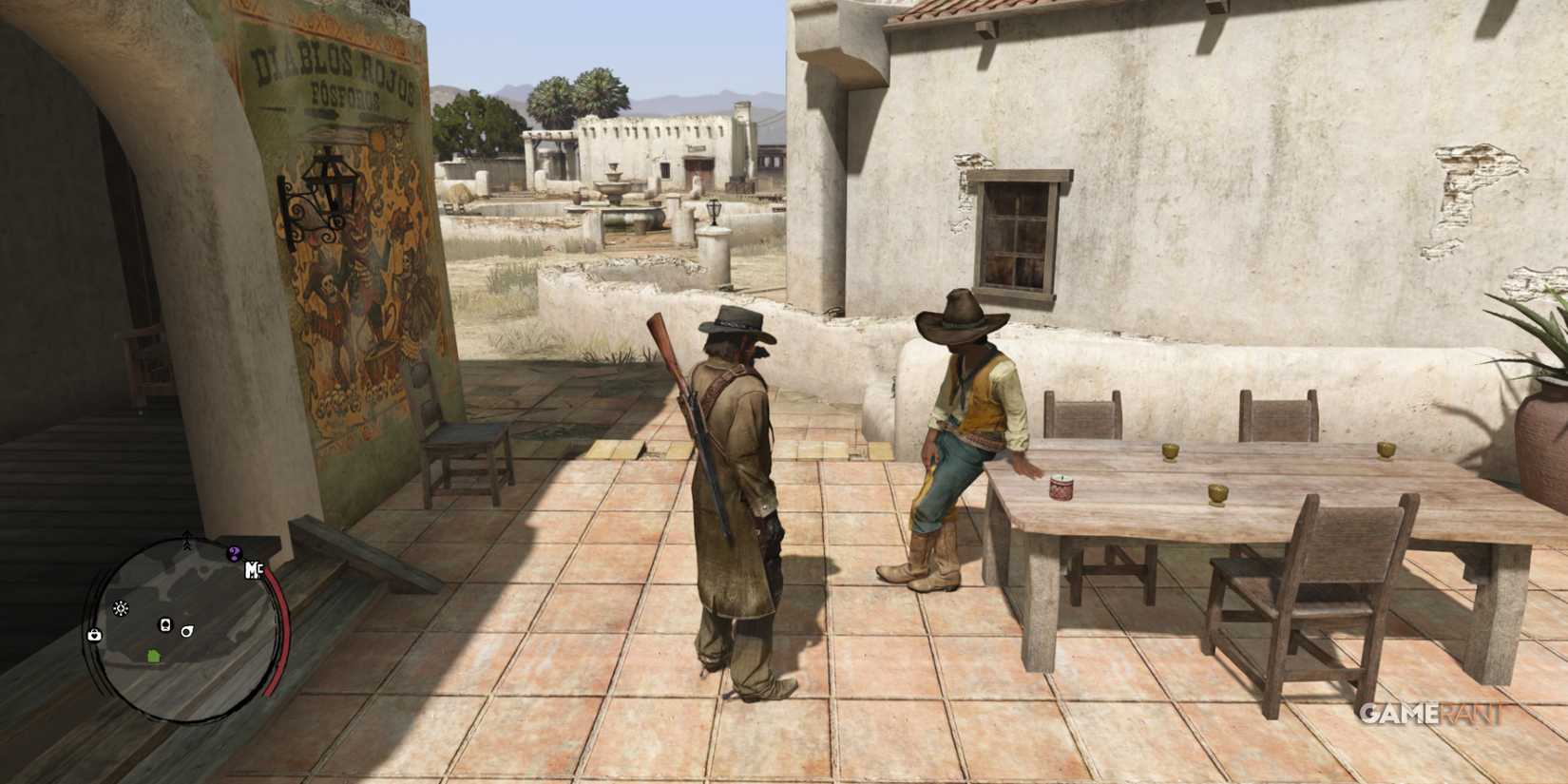 John Marston standing beside a man in a Mexican town square in Red Dead Redemption