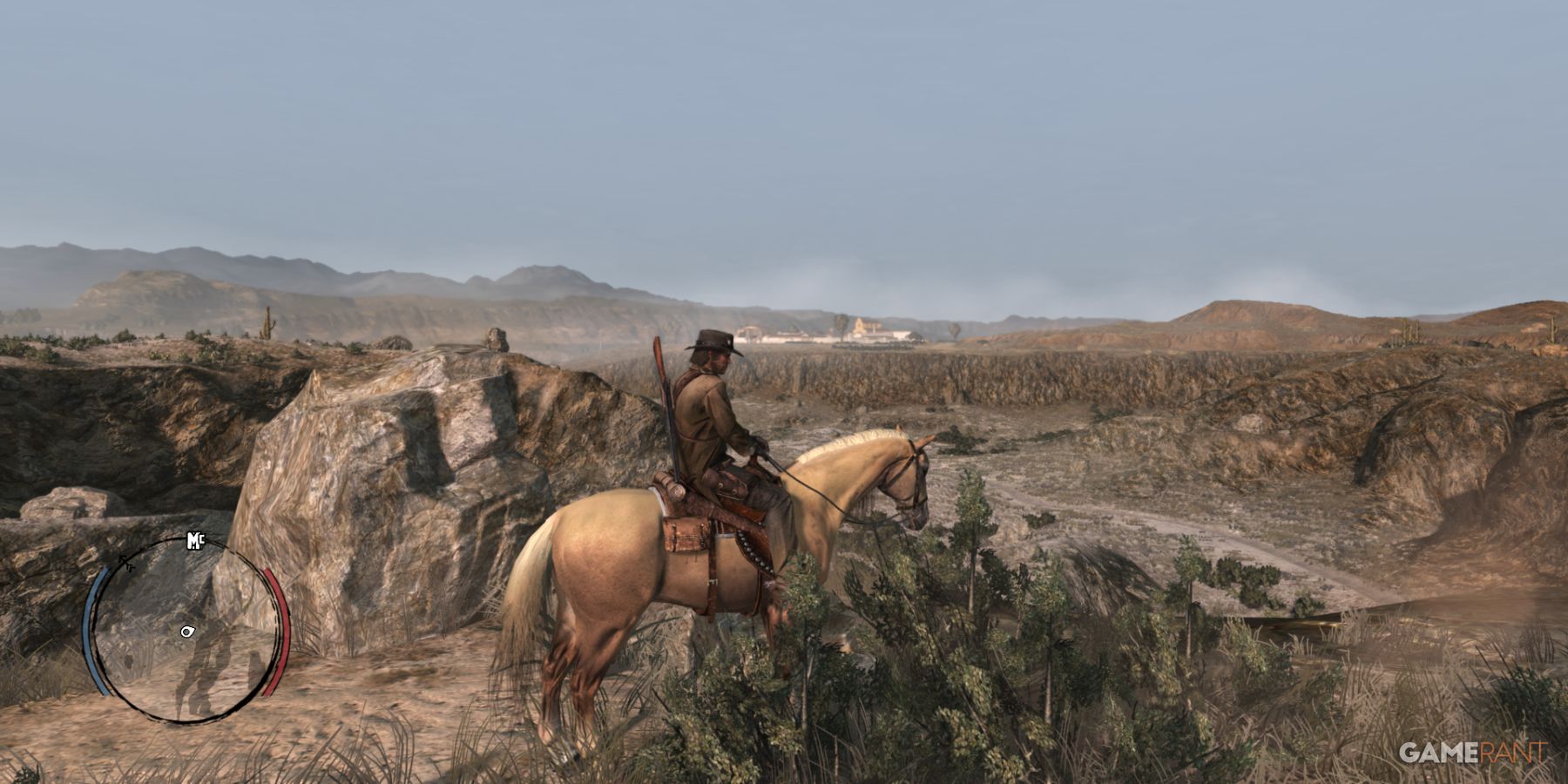 John Marston surveying the landscape on horseback in Red Dead Redemption