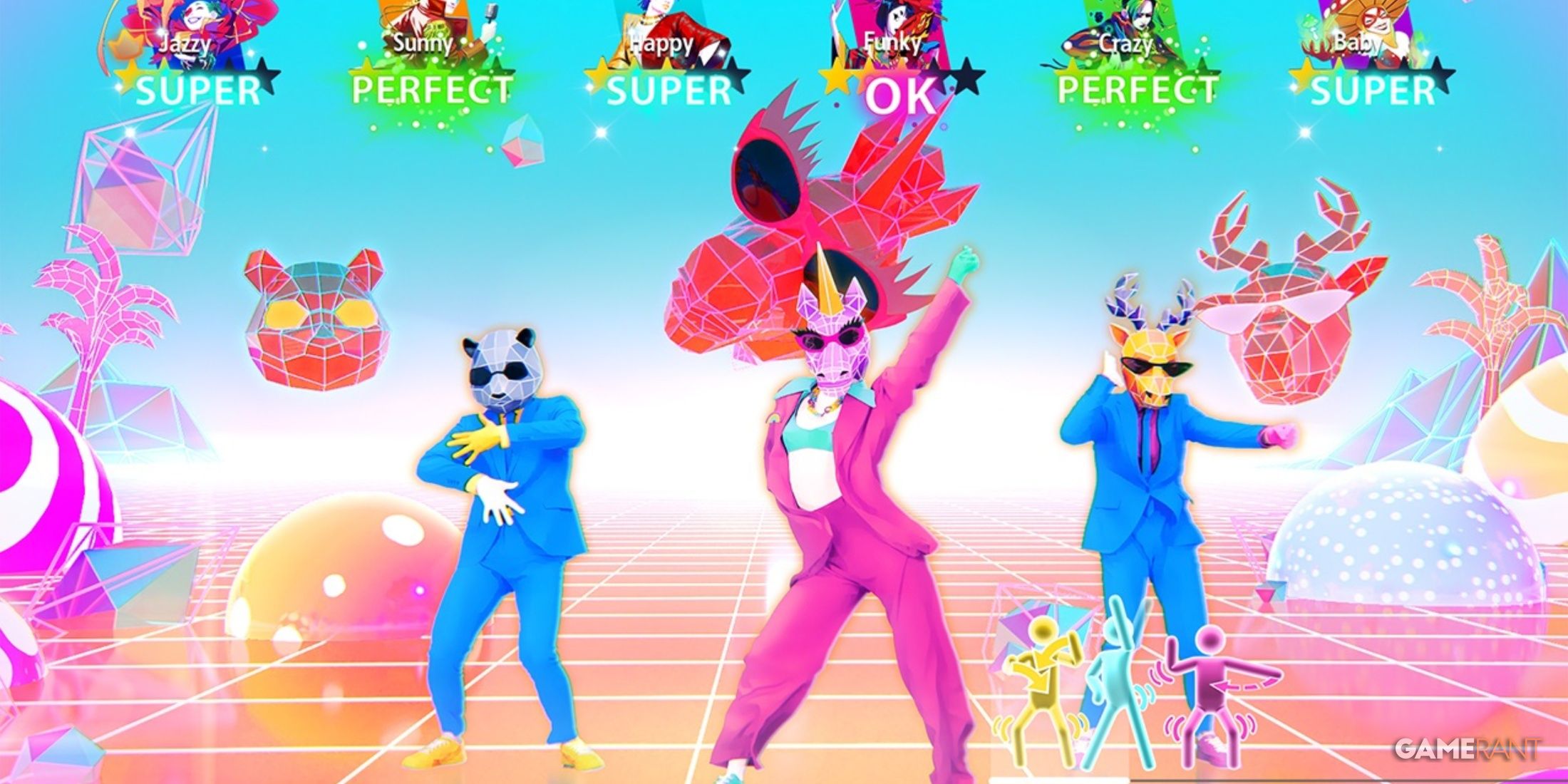 three characters from Just Dance 2024 Edition are dancing scoring perfect results. 