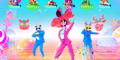 three characters from Just Dance 2024 Edition are dancing scoring perfect results. 