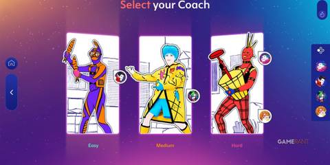 a POV of when a player is selecting a coach and difficulty levels in the video game Just Dance 2024 Edition. 