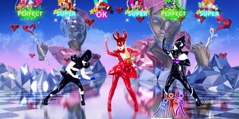 three characters from the video game Just Dance 2024 Edition are dancing and scoring successful results. 