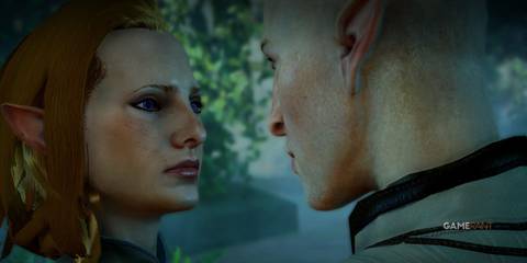 Lavellan Inquisitor and Solas in a romance scene in Dragon Age Inquisition