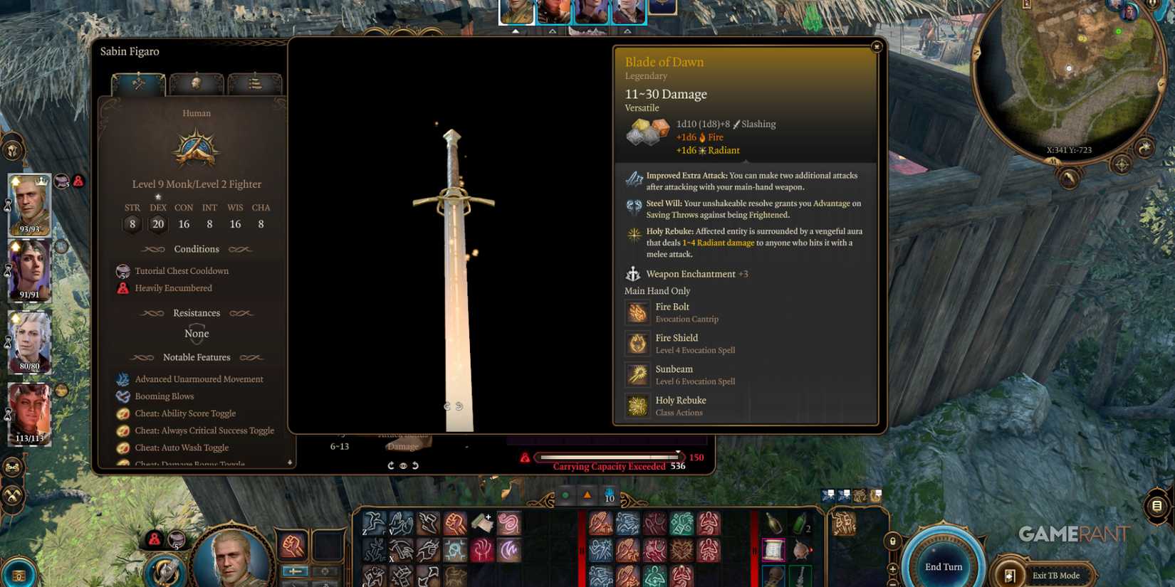 Legendary sword Blade of Dawn with radiant and fire damage, found via Baldur's Gate 3 weapon mod