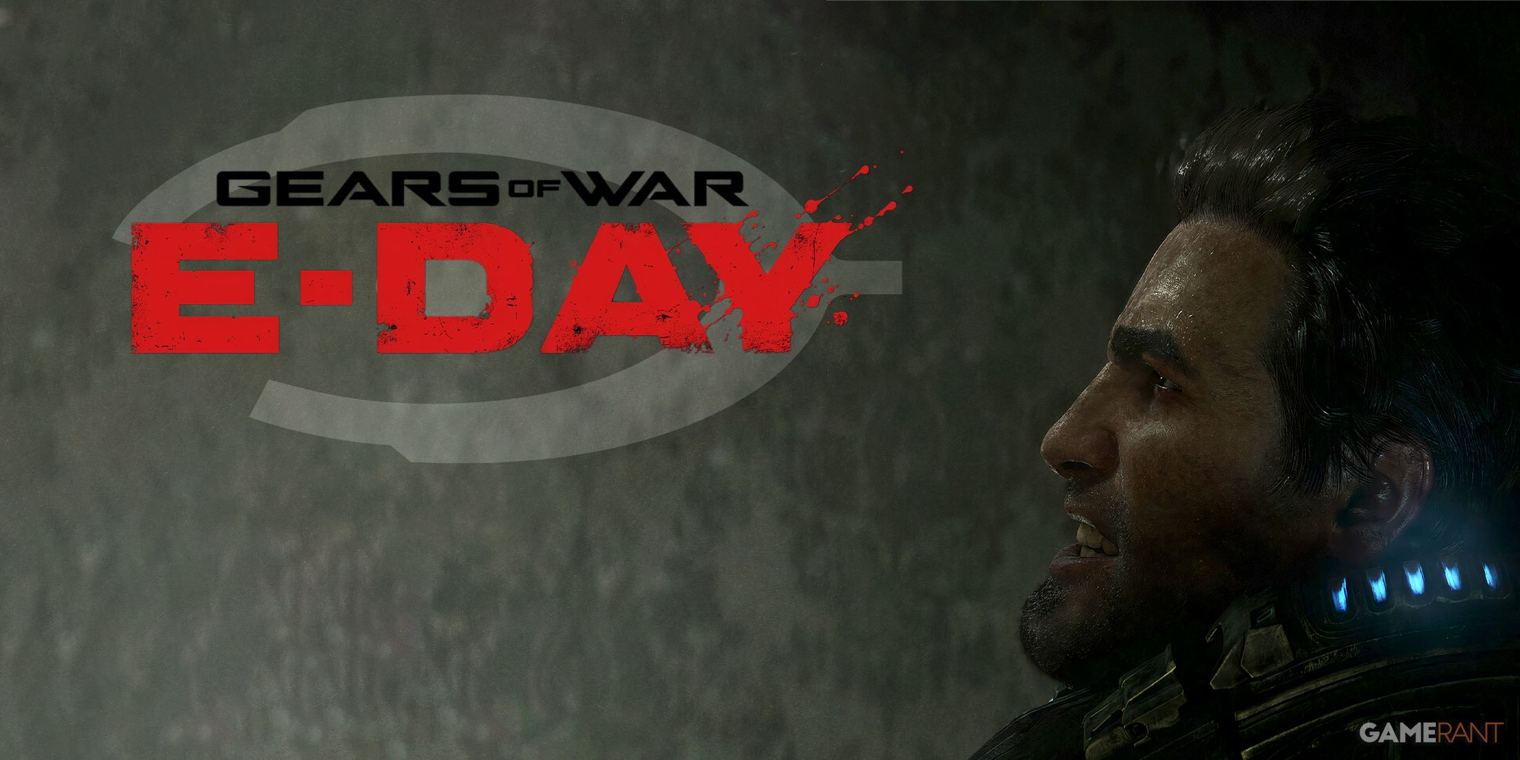 Marcus Fenix looking up at Gears of War E Day logo and Halo logo